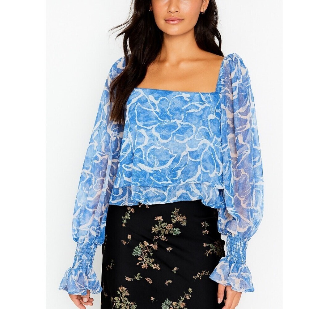 TART blouse top balloon/trumpet sleeves semi sheer baby blue/white flowy SZ MD
